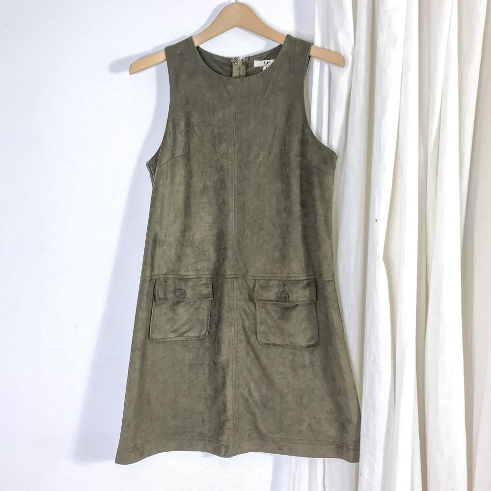 YA Los Angeles Green Faux Suede Shift Dress Olive - Picture 2 of 5